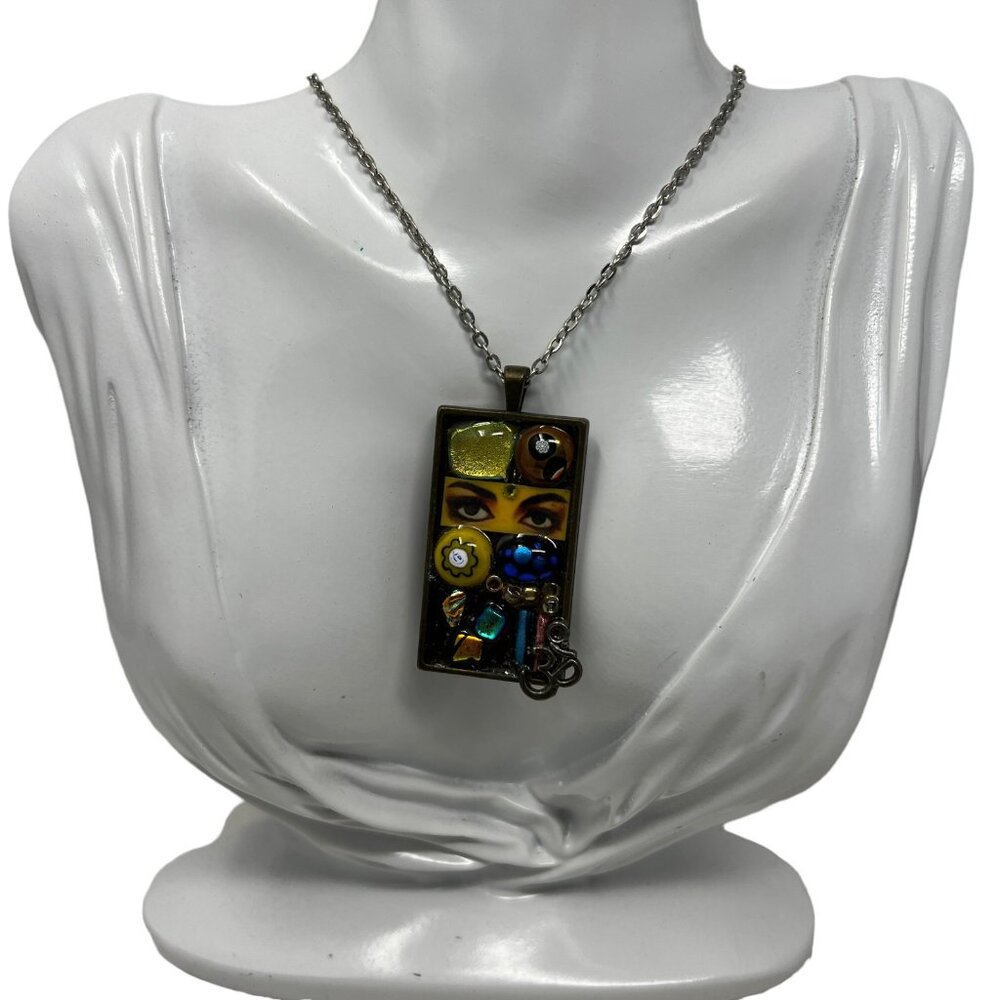 Third Eye Mosiac Necklace Mixed Metals Beads Colorful Steampunk Pendant‎